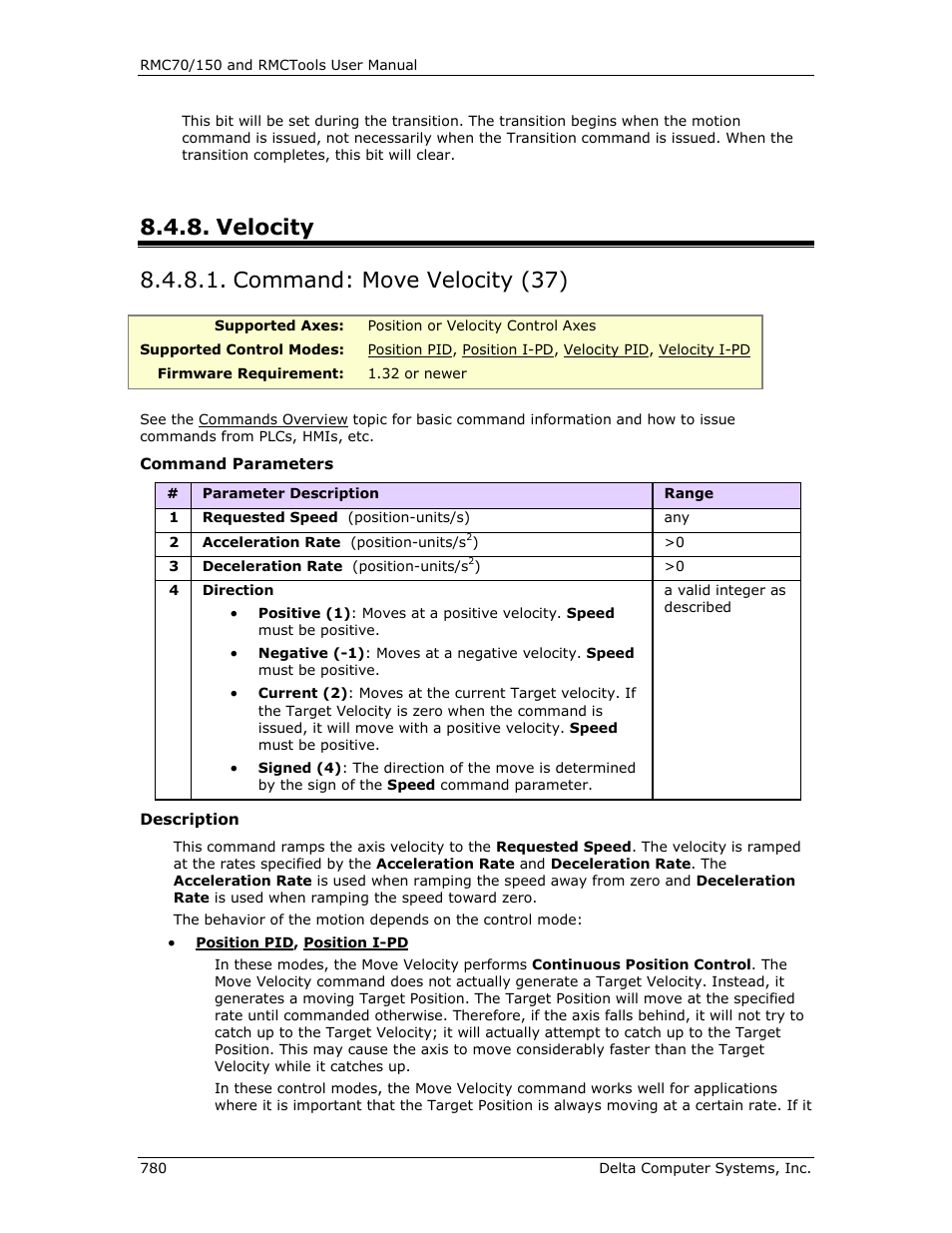 Velocity, Command: move velocity (37), Move velocity (37) | Delta RMC151 User Manual | Page 800 / 1221