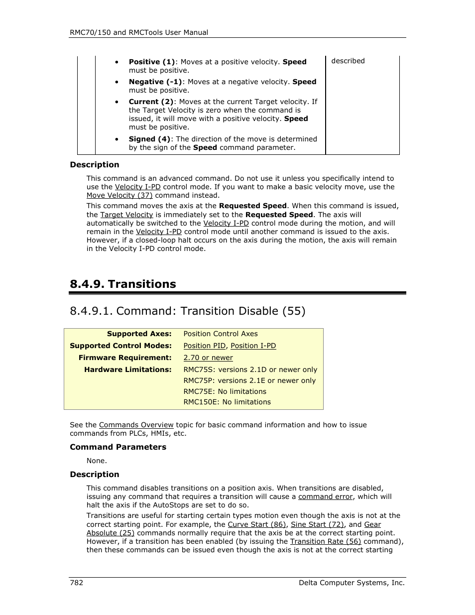 Transitions, Command: transition disable (55), Transition disable (55) | Delta RMC151 User Manual | Page 802 / 1221