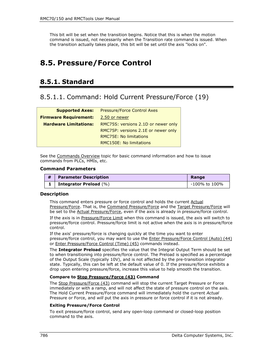 Pressure/force control, Standard, Command: hold current pressure/force (19) | E hold current pressure/force (19), Hold current pressure/force (19) | Delta RMC151 User Manual | Page 806 / 1221