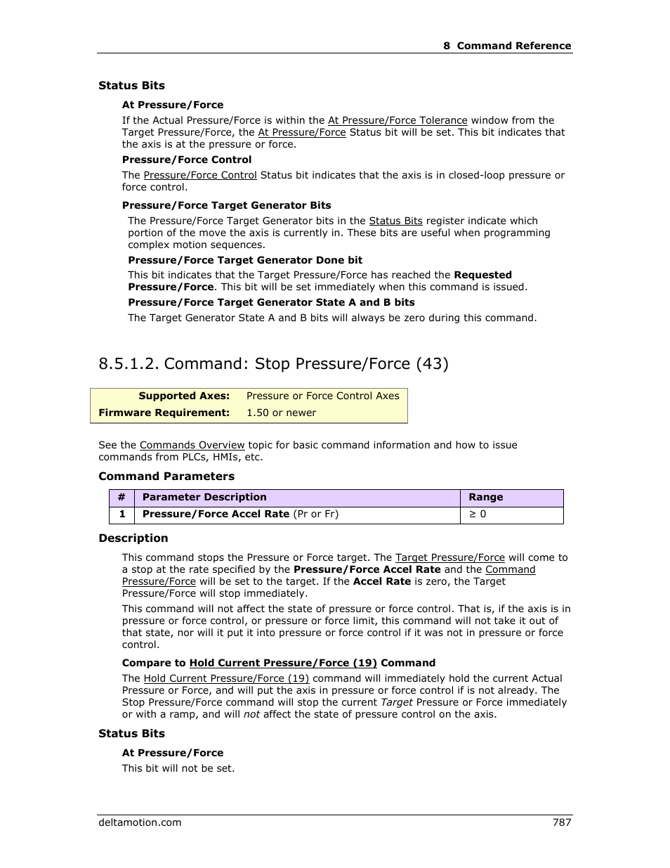 Command: stop pressure/force (43), Stop pressure/force (43) | Delta RMC151 User Manual | Page 807 / 1221