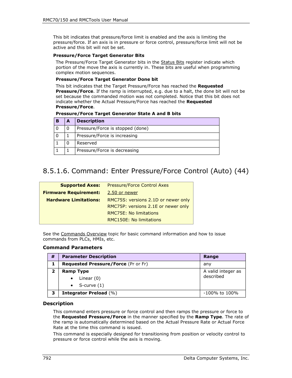 Command: enter pressure/force control (auto) (44), Enter pressure/force control (auto) (44) | Delta RMC151 User Manual | Page 812 / 1221