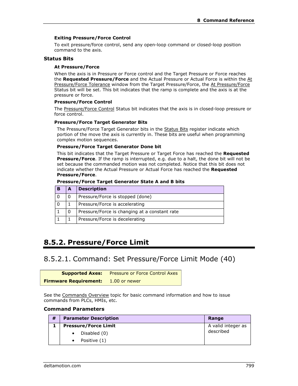 Pressure/force limit, Command: set pressure/force limit mode (40), Set pressure/force limit | Mode (40), E set pressure/force limit mode (40), Set pressure/force limit mode (40) | Delta RMC151 User Manual | Page 819 / 1221