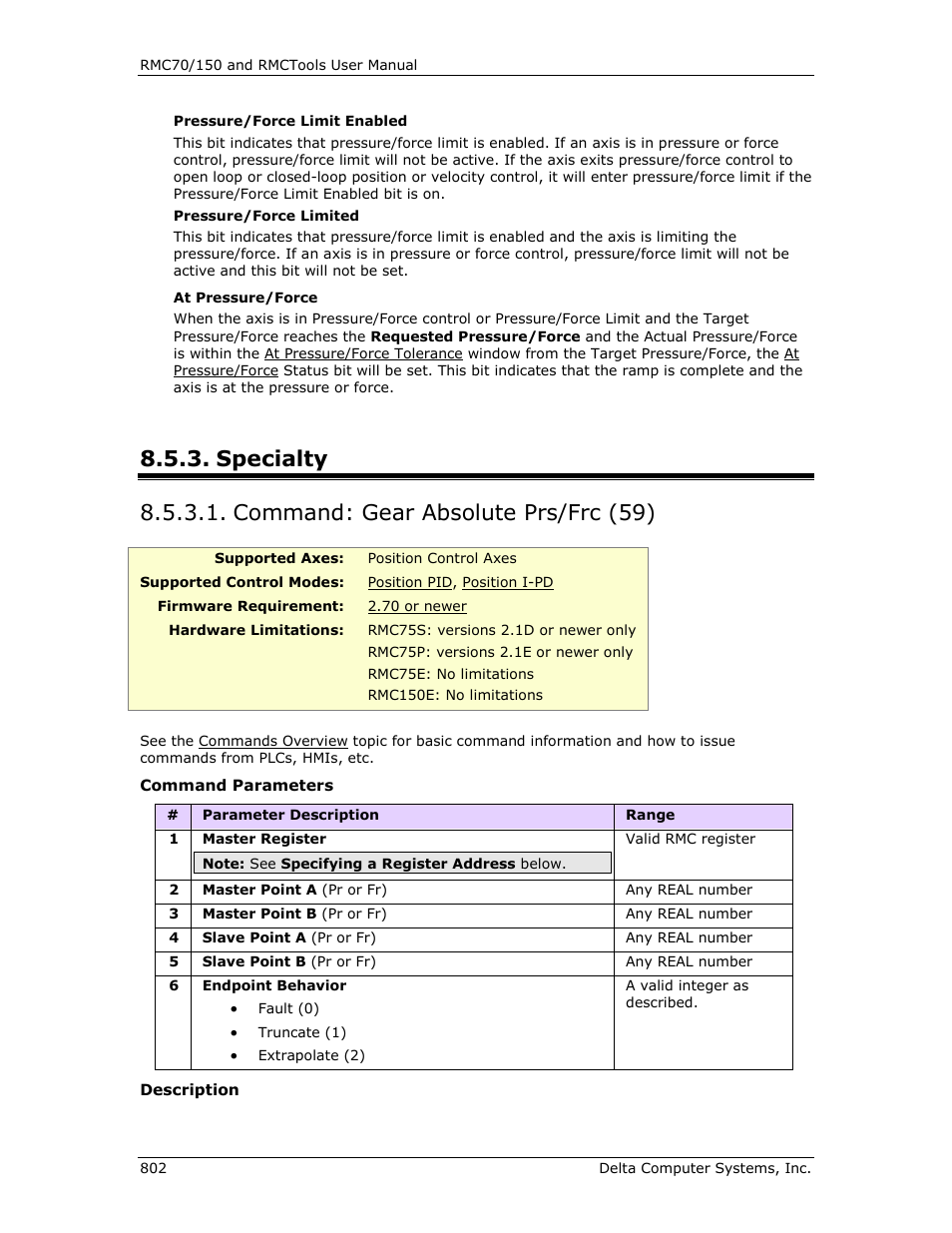 Specialty, Command: gear absolute prs/frc (59), Gear absolute (prs/frc) (59) | Delta RMC151 User Manual | Page 822 / 1221