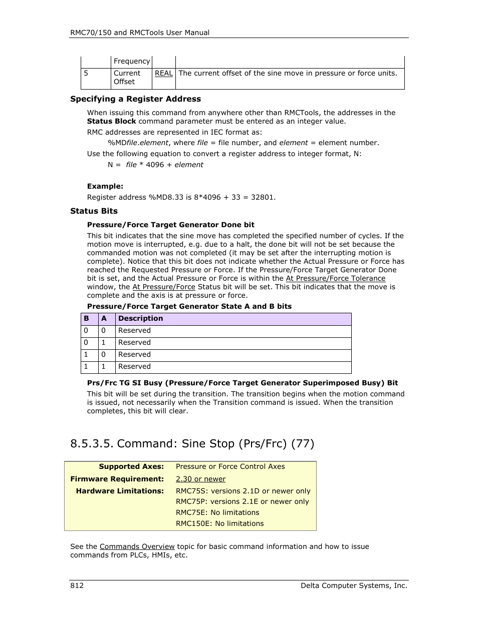 Command: sine stop (prs/frc) (77), Sine stop (prs/frc) (77), E sine stop (prs/frc) (77) | Delta RMC151 User Manual | Page 832 / 1221