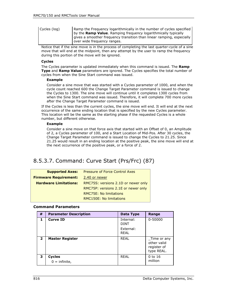 Command: curve start (prs/frc) (87), Curve start (prs/frc) (87), R curve start (prs/frc) (87) | Curve start (prs/frc), Curve start, Prs/frc) (87) | Delta RMC151 User Manual | Page 836 / 1221