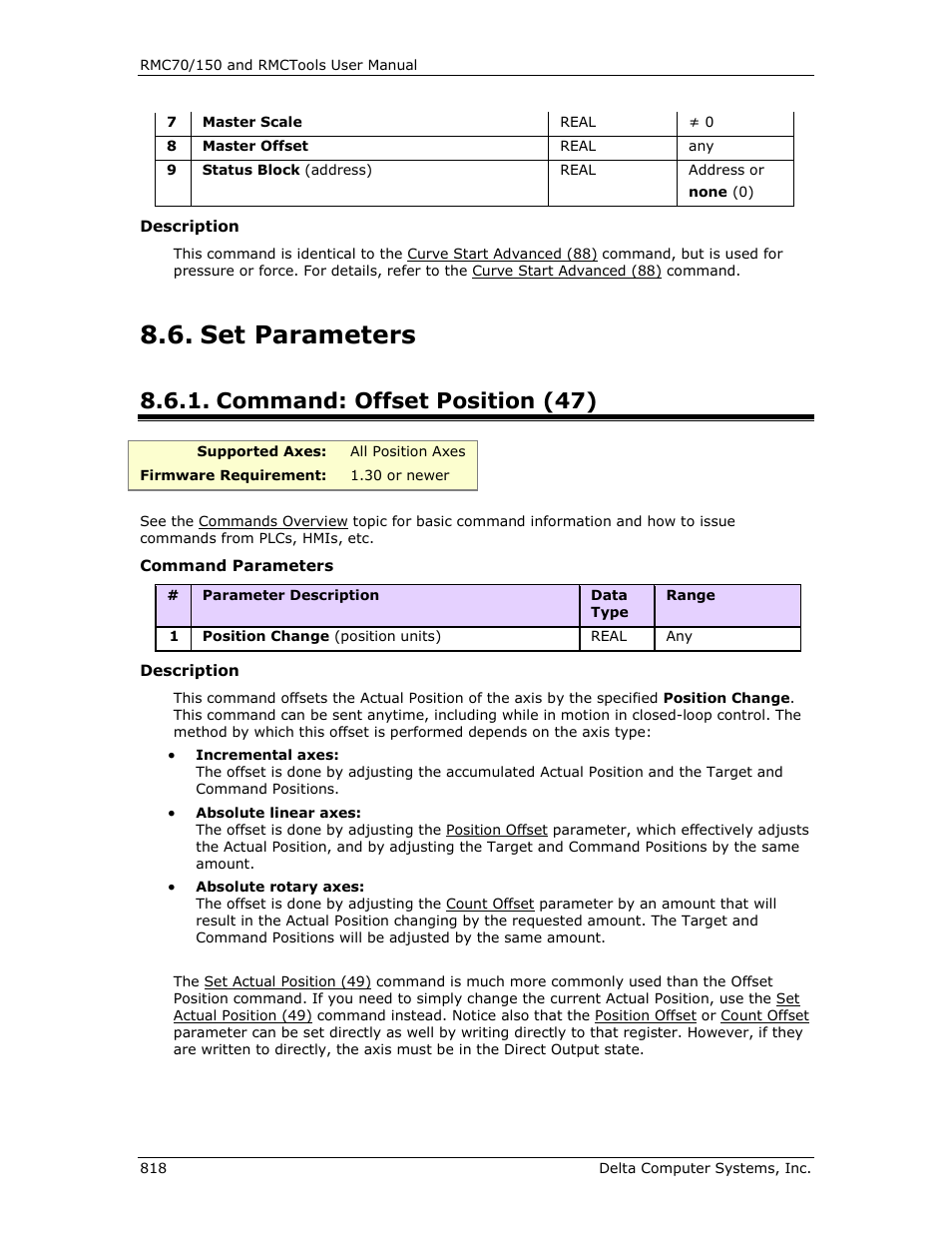 Set parameters, Command: offset position (47), Offset position (47) | R offset position (47) | Delta RMC151 User Manual | Page 838 / 1221