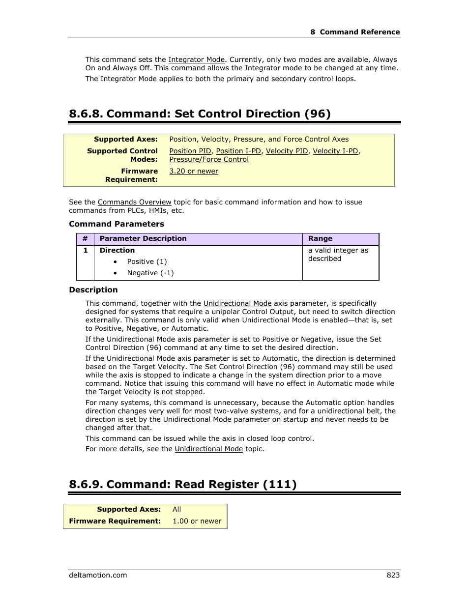 Command: set control direction (96), Command: read register (111), Set control direction (96) | Read register (111) | Delta RMC151 User Manual | Page 843 / 1221