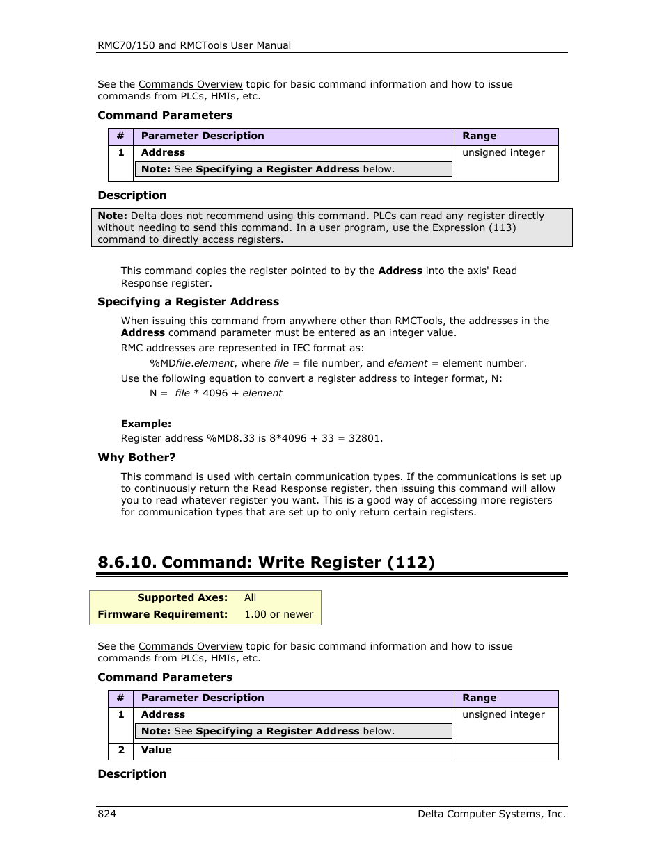 Command: write register (112), Write register (112) | Delta RMC151 User Manual | Page 844 / 1221