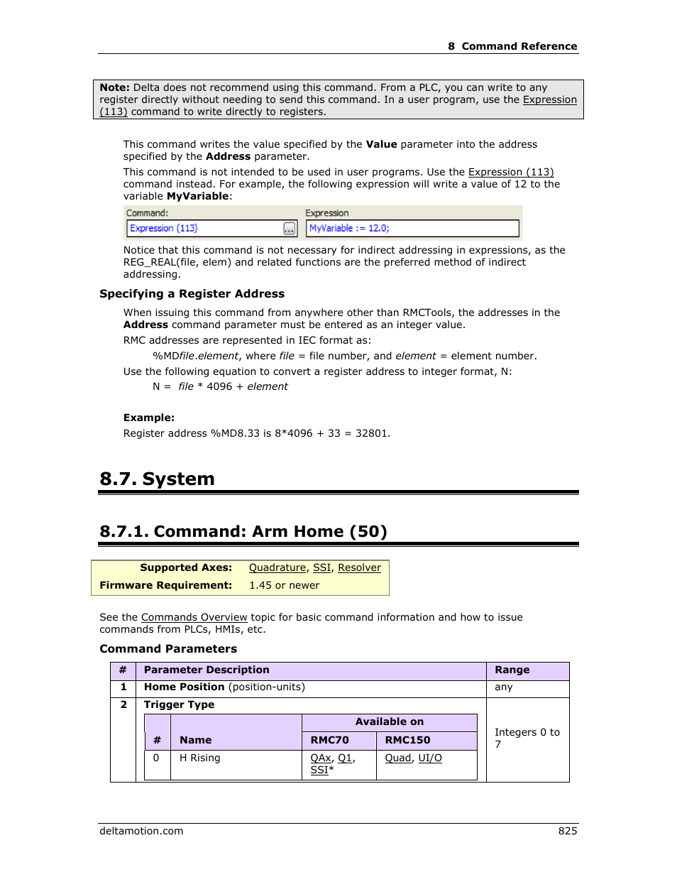 System, Command: arm home (50), Arm registration (52) | Arm home (50), E arm home (50), N arm home (50) | Delta RMC151 User Manual | Page 845 / 1221