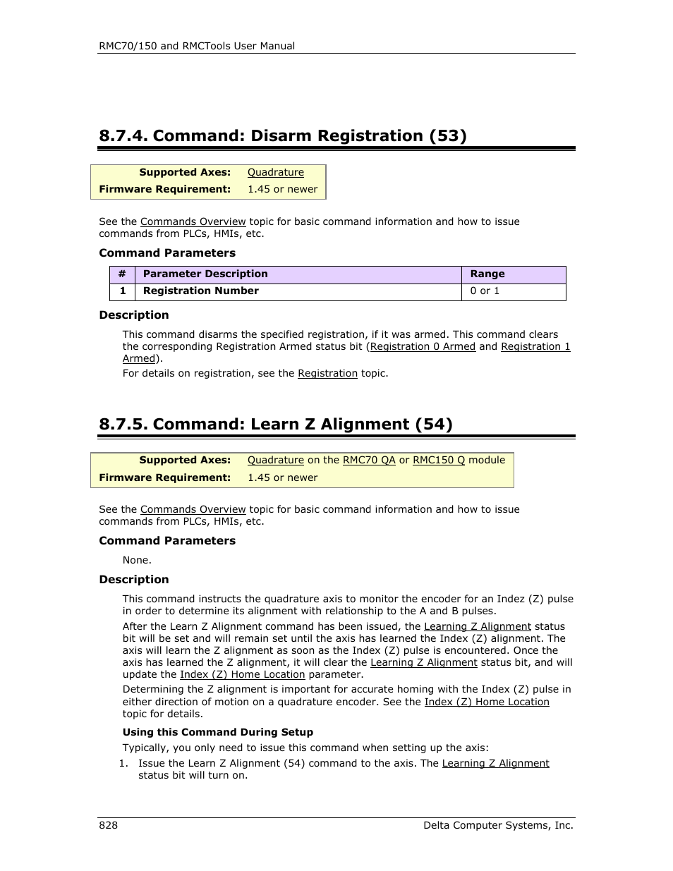 Command: disarm registration (53), Command: learn z alignment (54), Disarm registration (53) | Learn z alignment (54), E learn z alignment (54) | Delta RMC151 User Manual | Page 848 / 1221