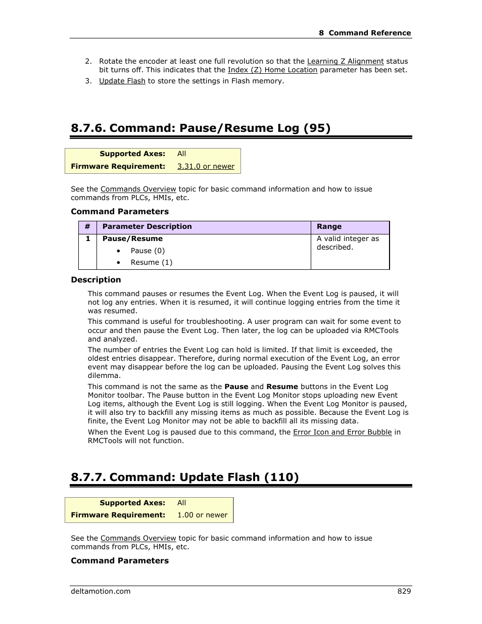 Command: pause/resume log (95), Command: update flash (110), Update flash (110) | Pause/resume log (95) | Delta RMC151 User Manual | Page 849 / 1221