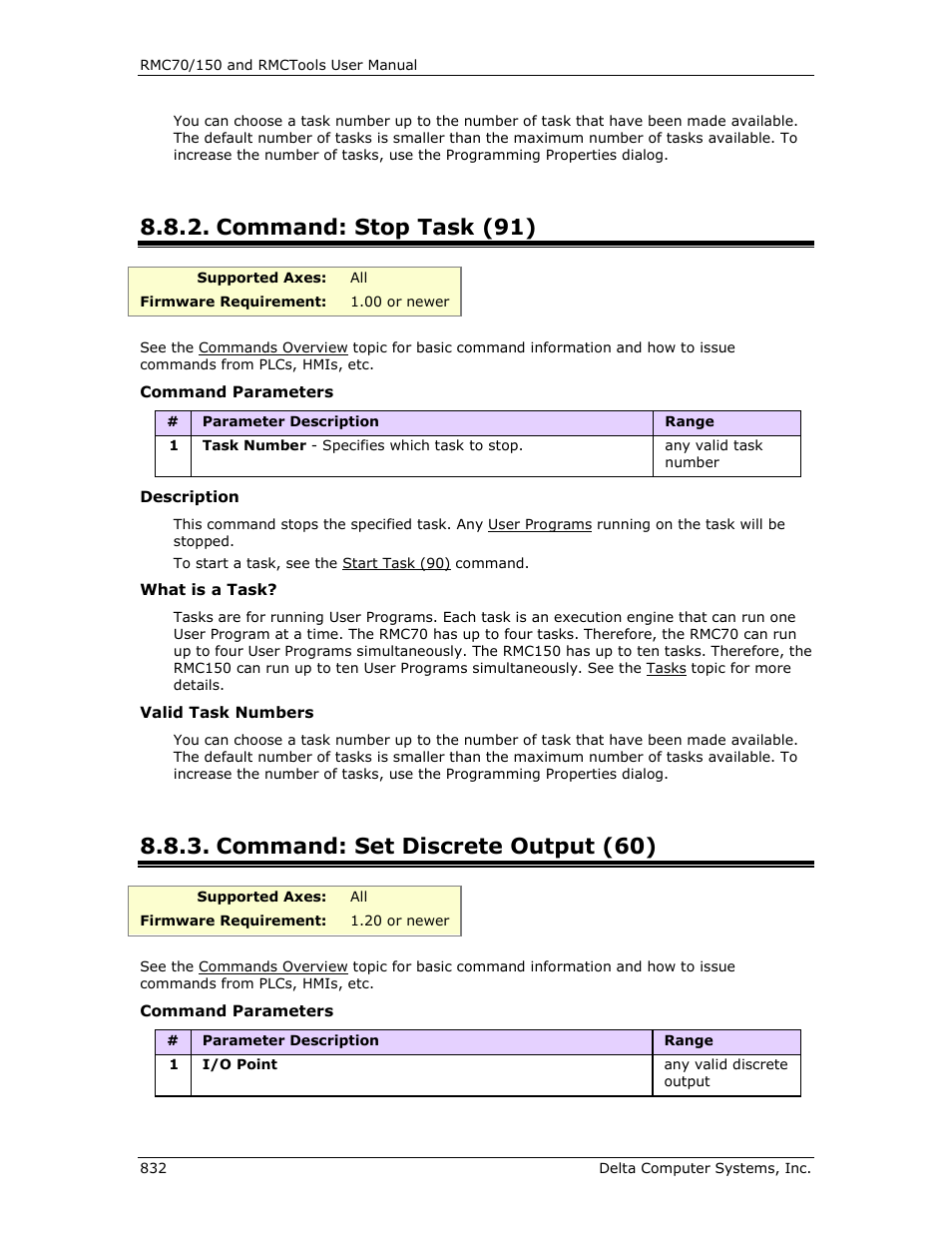 Command: stop task (91), Command: set discrete output (60), Stop task (91) | Set discrete output (60) | Delta RMC151 User Manual | Page 852 / 1221