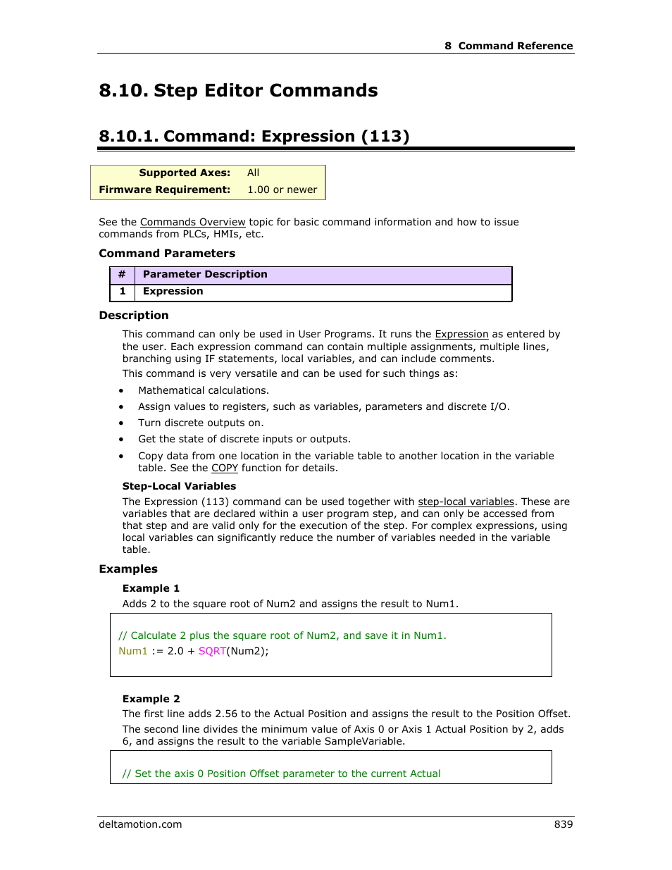 Step editor commands, Command: expression (113), Expressions | Expression (113), Expression, N expression (113), E expression (113), Expression (113) command examples | Delta RMC151 User Manual | Page 859 / 1221