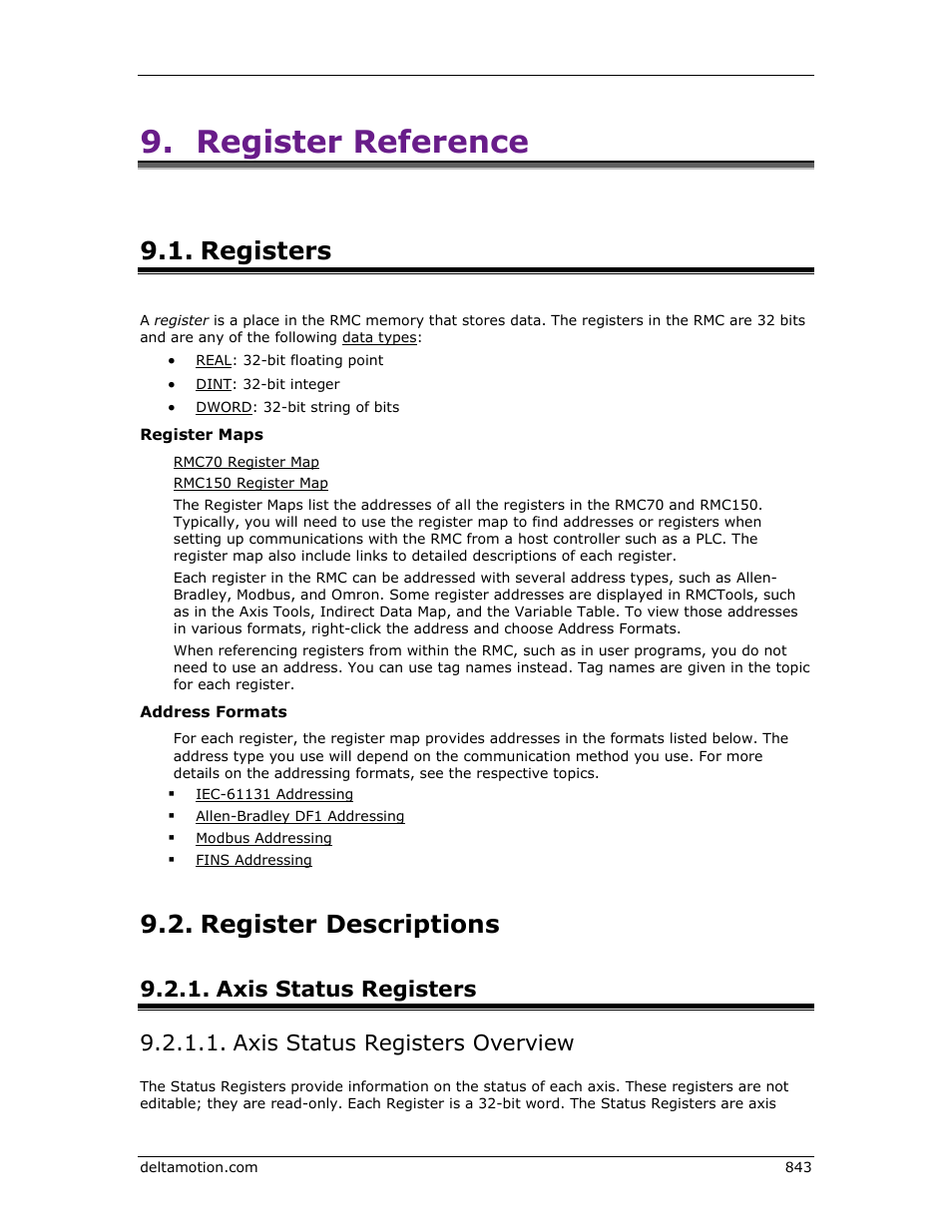 Registers, Register descriptions, Axis status registers | Axis status registers overview, Register reference, Status registers, E registers, Maps, Register maps, E register map | Delta RMC151 User Manual | Page 863 / 1221