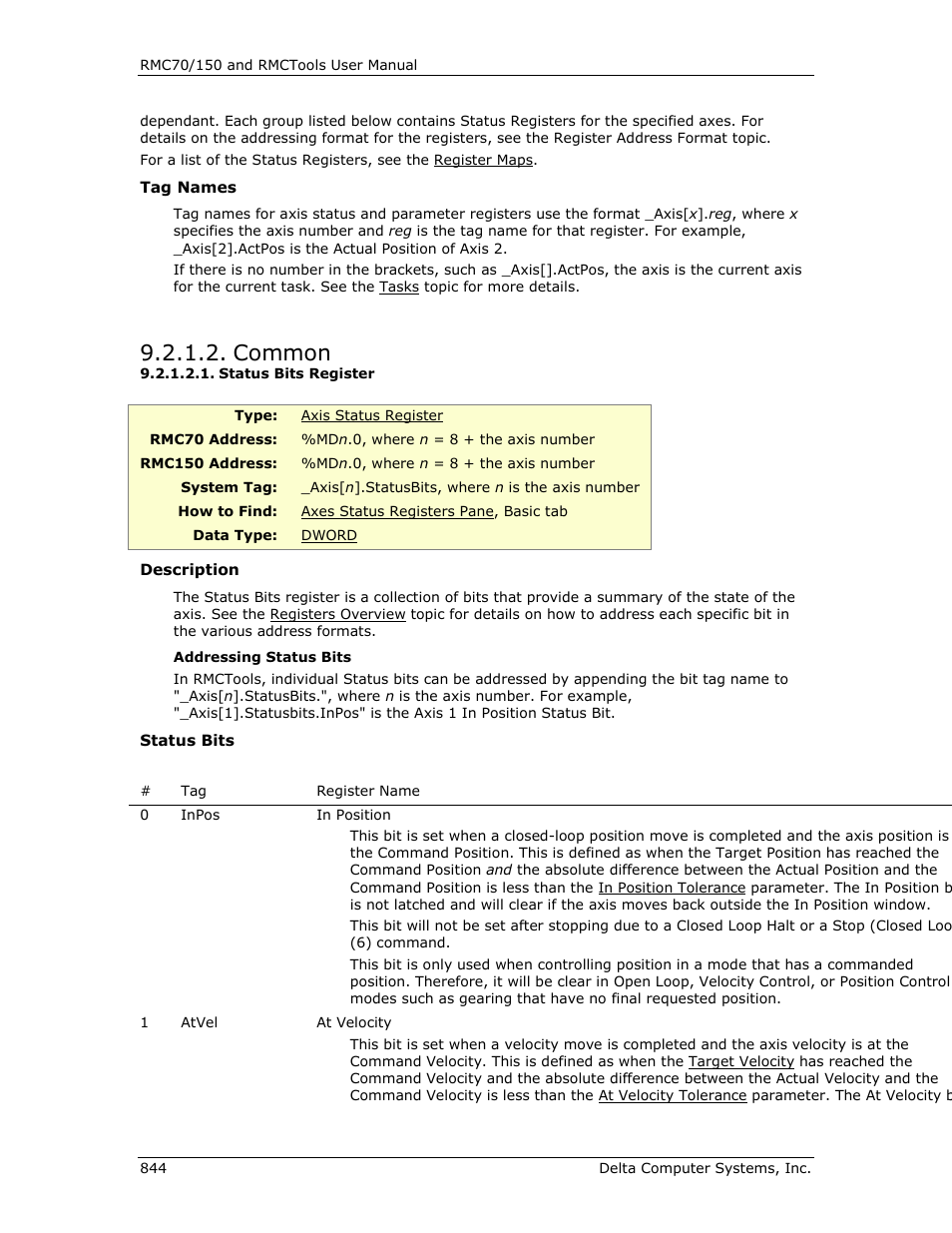 Common, Status bits register, E status bits | Status bits, In position | Delta RMC151 User Manual | Page 864 / 1221