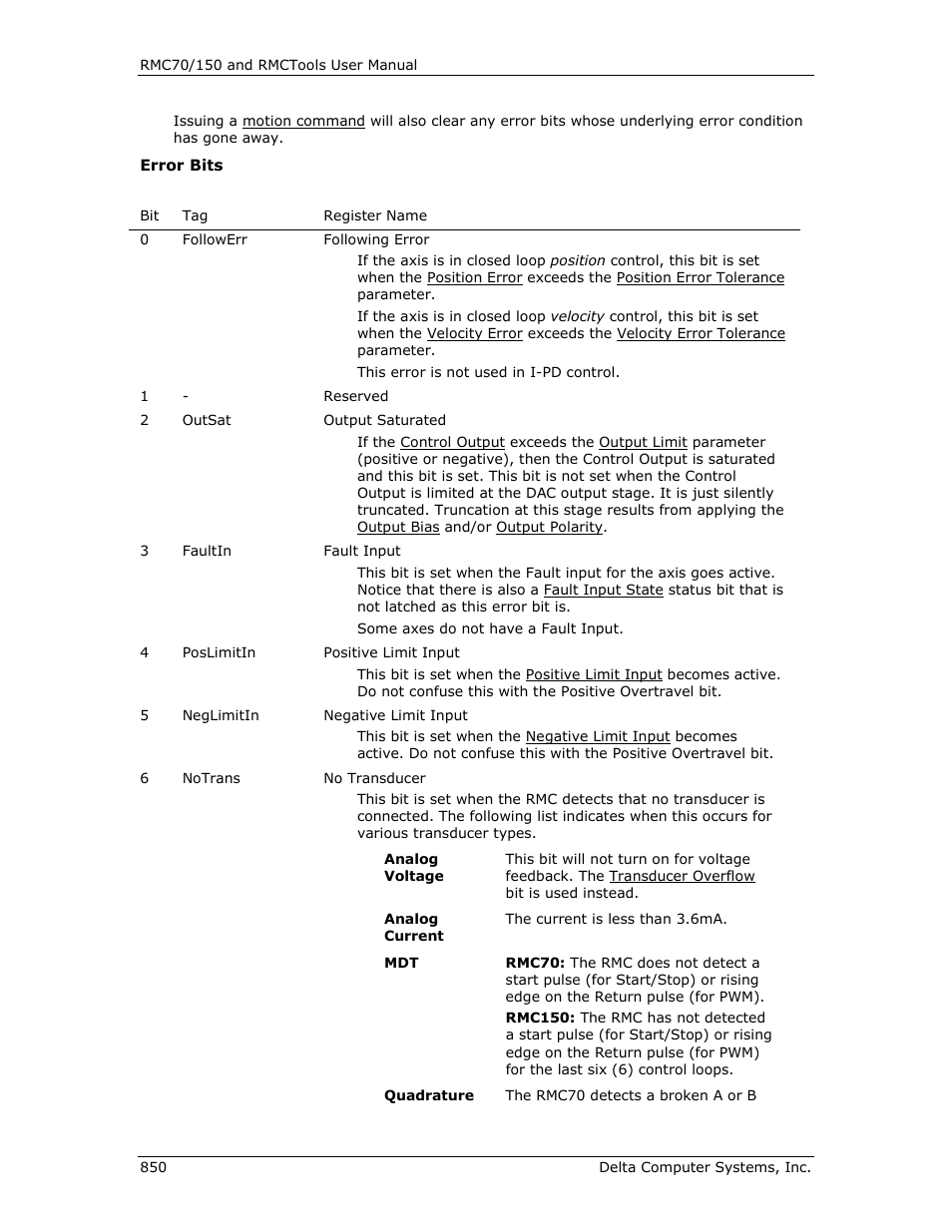 Output saturated, Following error, E positive pressure/force limit | Fault input, G positive limit input, R negative limit input, Positive pressure/force limit, Fault error bit, No transducer | Delta RMC151 User Manual | Page 870 / 1221