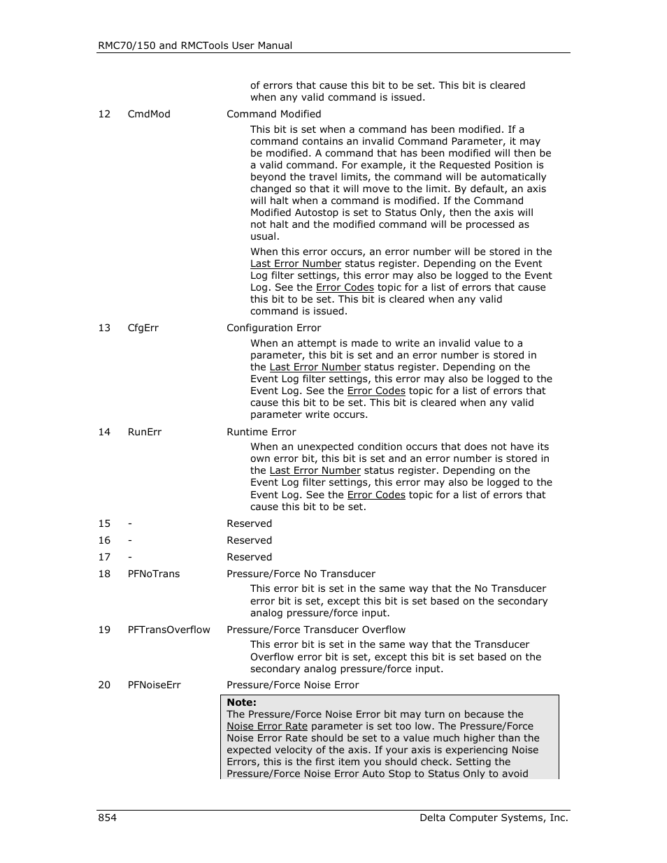 Runtime error, Command modified, Runtime | Error, S runtime error, Pressure/force no transducer, R pressure/force transducer overflow, Pressure/force transducer overflow, Pressure/force noise error | Delta RMC151 User Manual | Page 874 / 1221