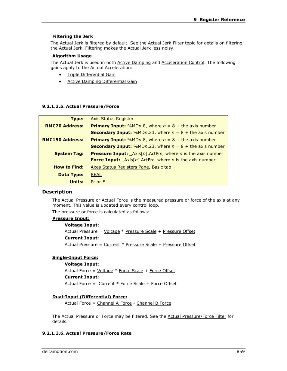 Actual pressure/force, Actual pressure/force rate, Actual pressure | R actual force, Actual pressure rate, R actual force rate, T actual, Pressure/force, E actual pressure/force | Delta RMC151 User Manual | Page 879 / 1221