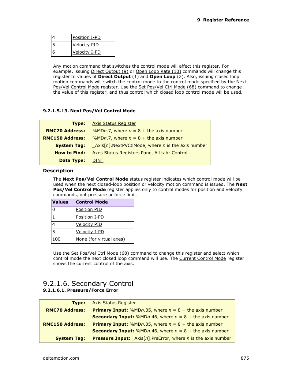 Next pos/vel control mode, Secondary control, Pressure/force error | Next pos/vel, Control mode, Next pos/vel control, Mode | Delta RMC151 User Manual | Page 895 / 1221