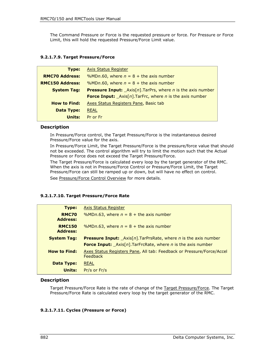 Target pressure/force, Target pressure/force rate, Cycles (pressure or force) | Cycles (pressure/force), E target pressure/force, Target, Pressure/force, E target | Delta RMC151 User Manual | Page 902 / 1221