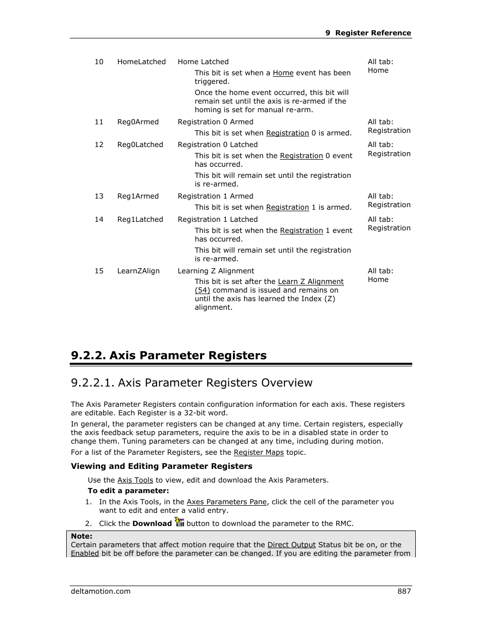 Axis parameter registers, Axis parameter registers overview, T (registration 0 | Armed, Registration 1 armed), T (registration 0 latched, R registration, 1 latched), D (registration 0 armed, It (registration 0 | Delta RMC151 User Manual | Page 907 / 1221