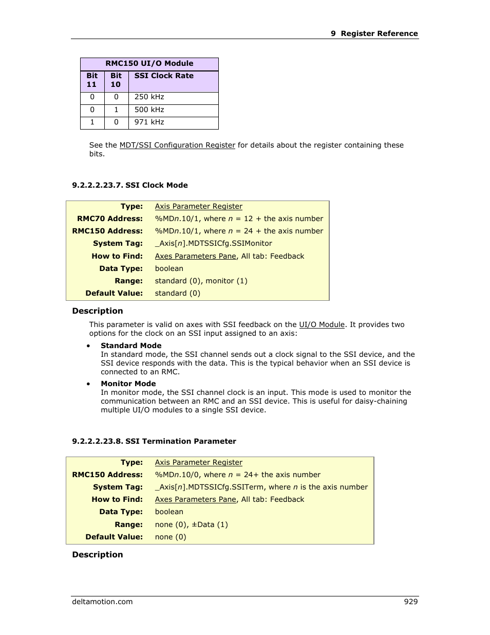 Ssi clock mode, Ssi termination parameter, Ssi termination | E ssi clock mode, E ssi termination | Delta RMC151 User Manual | Page 949 / 1221