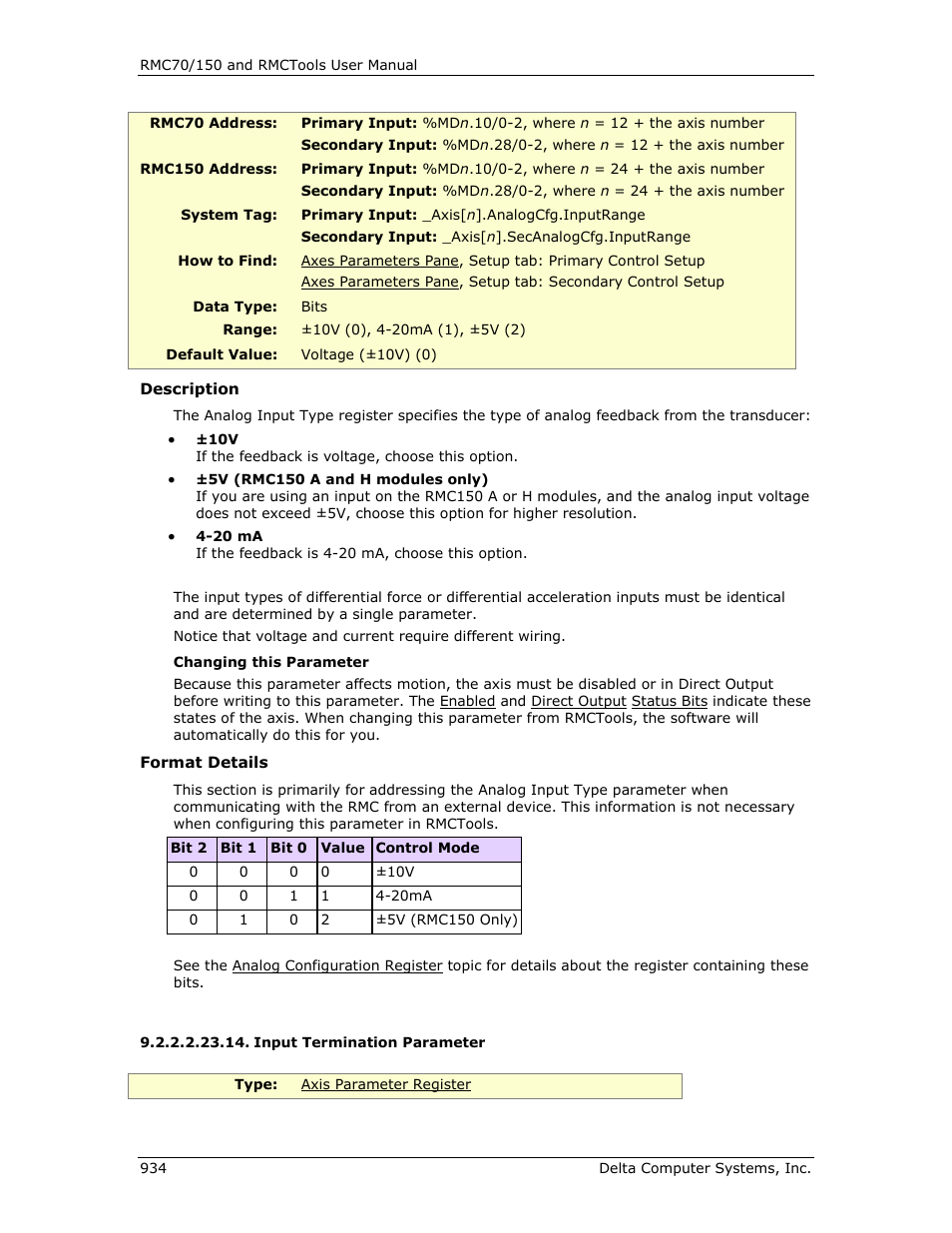 Input termination parameter, Input termination, Input | Termination | Delta RMC151 User Manual | Page 954 / 1221