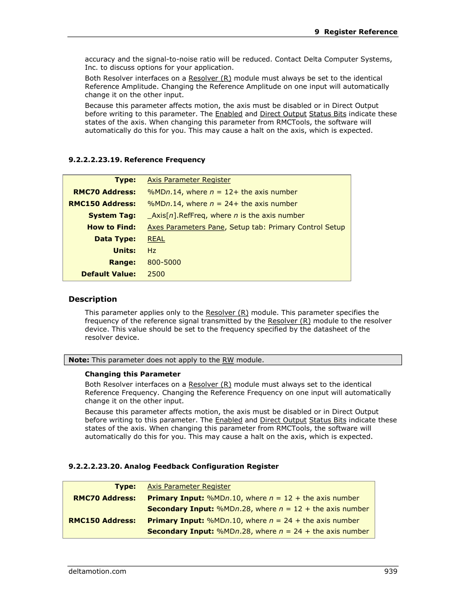 Reference frequency, Analog feedback configuration register, E analog configuration register | Delta RMC151 User Manual | Page 959 / 1221