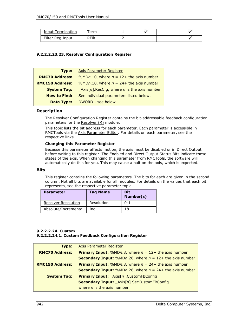 Resolver configuration register, Custom, Custom feedback configuration register | R resolver configuration register, E resolver configuration register | Delta RMC151 User Manual | Page 962 / 1221