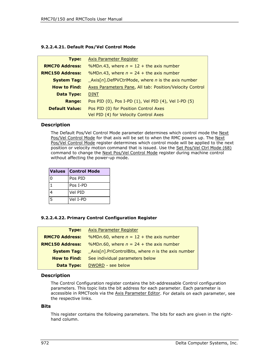 Default pos/vel control mode, Primary control configuration register, E primary control register | Delta RMC151 User Manual | Page 992 / 1221