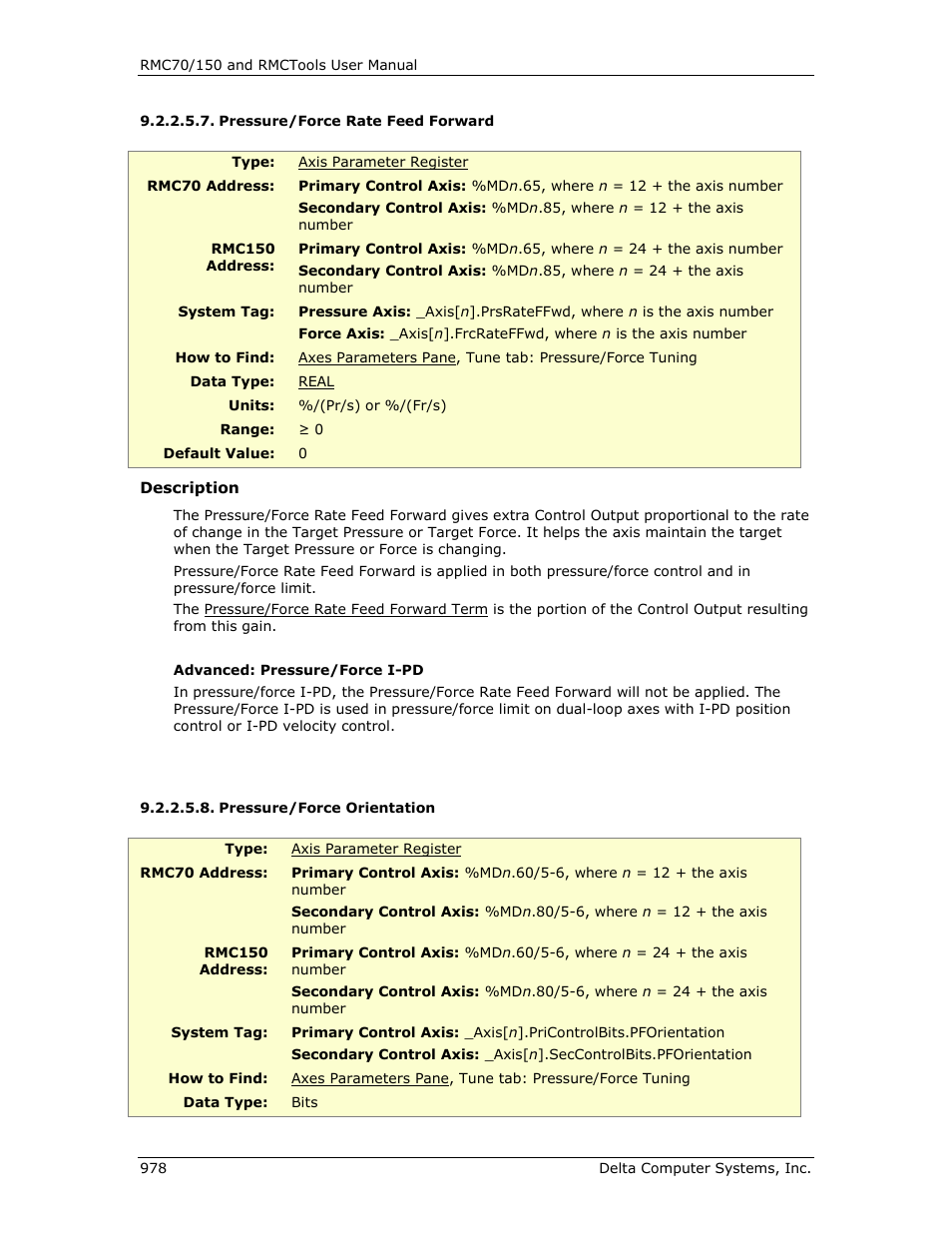 Pressure/force rate feed forward, Pressure/force orientation | Delta RMC151 User Manual | Page 998 / 1221