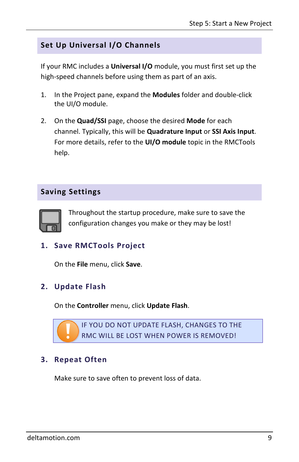 Set up universal i/o channels, Saving settings, Save rmctools project | Update flash, Repeat often | Delta RMC151 User Manual | Page 11 / 44