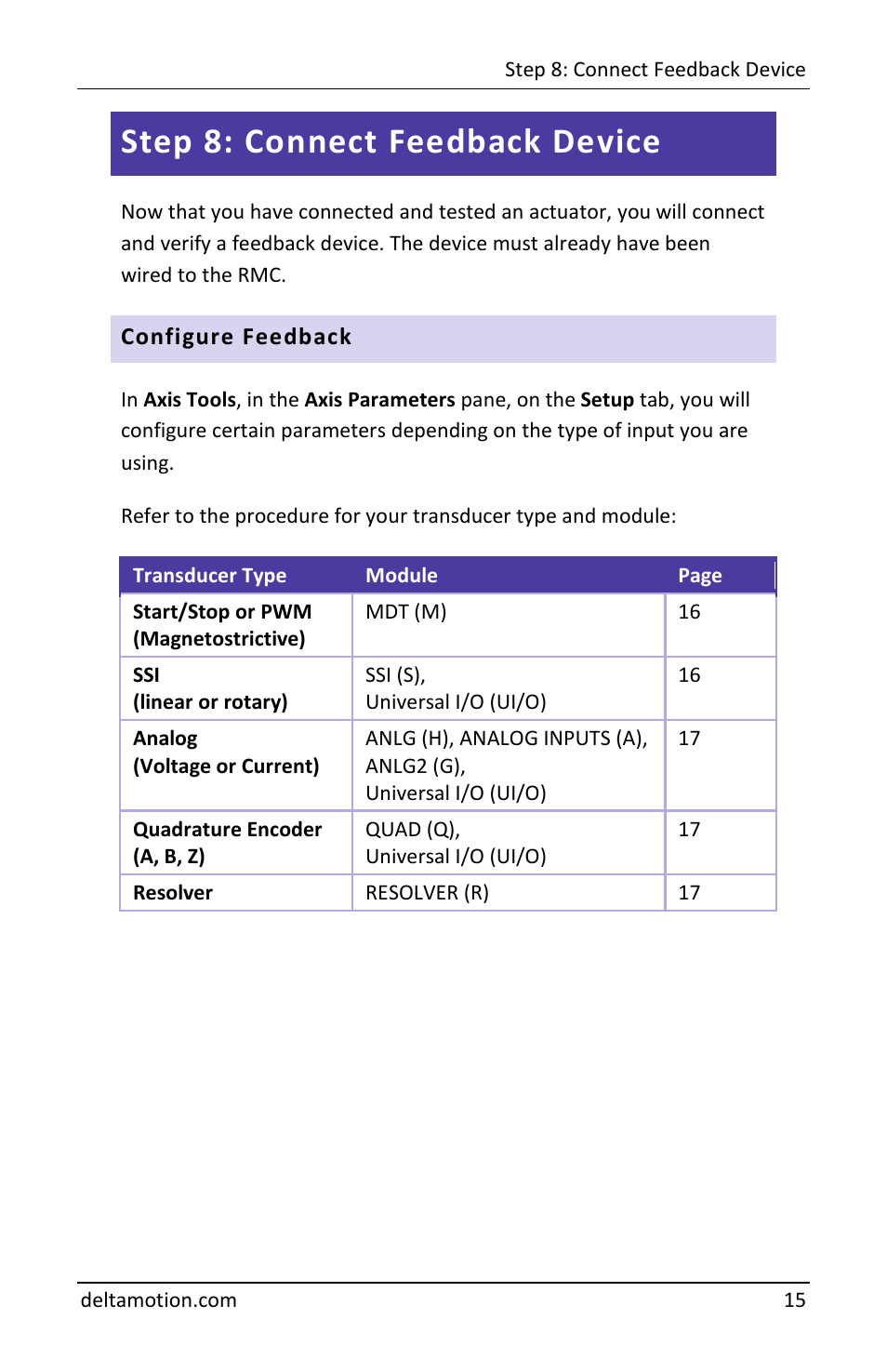 Step 8: connect feedback device, Configure feedback | Delta RMC151 User Manual | Page 17 / 44