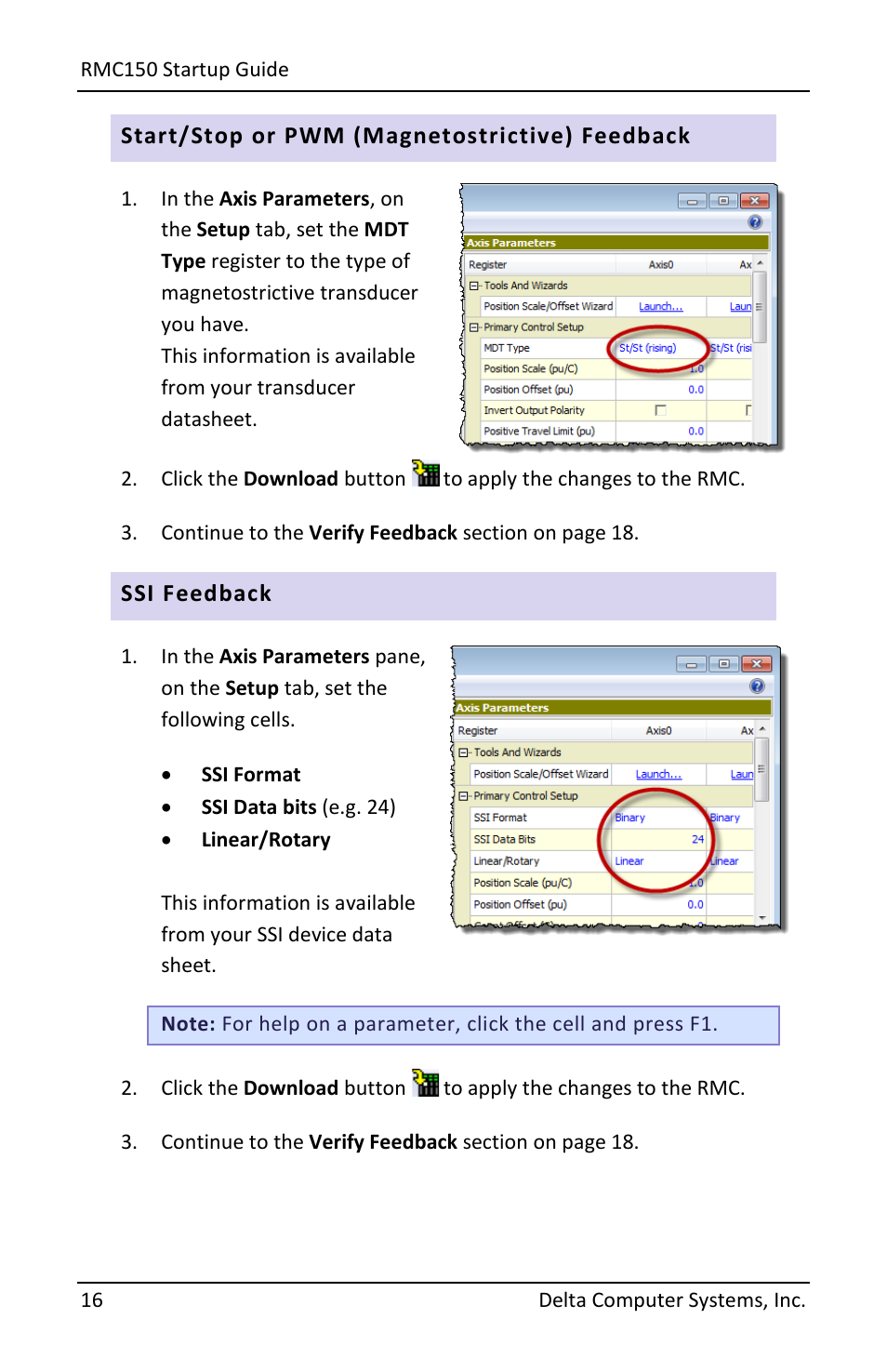 Start/stop or pwm (magnetostrictive) feedback, Ssi feedback | Delta RMC151 User Manual | Page 18 / 44