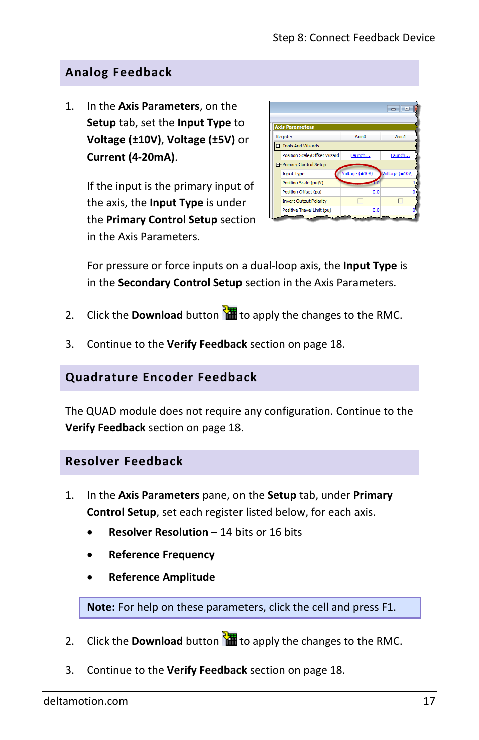 Analog feedback, Quadrature encoder feedback, Resolver feedback | Delta RMC151 User Manual | Page 19 / 44