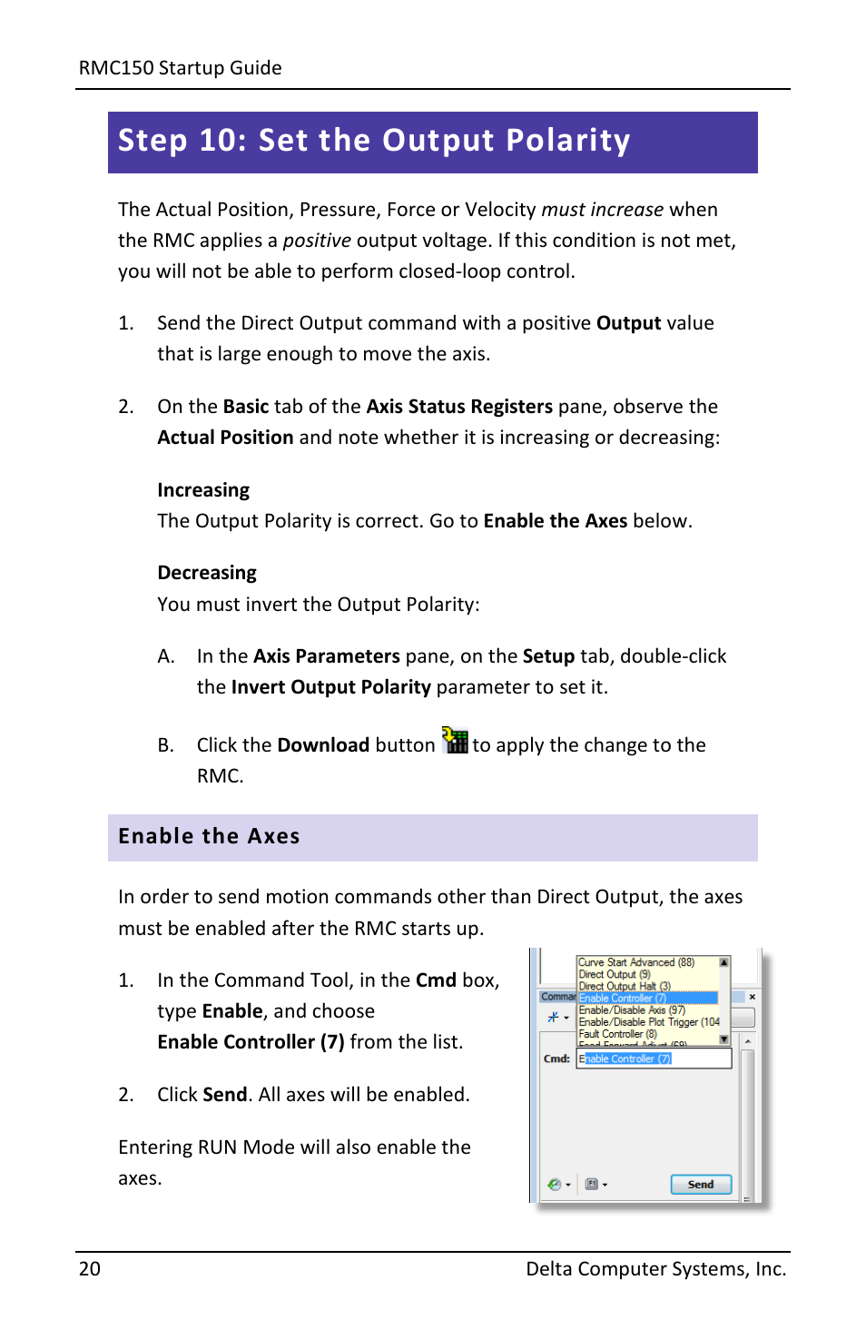 Step 10: set the output polarity, Enable the axes | Delta RMC151 User Manual | Page 22 / 44