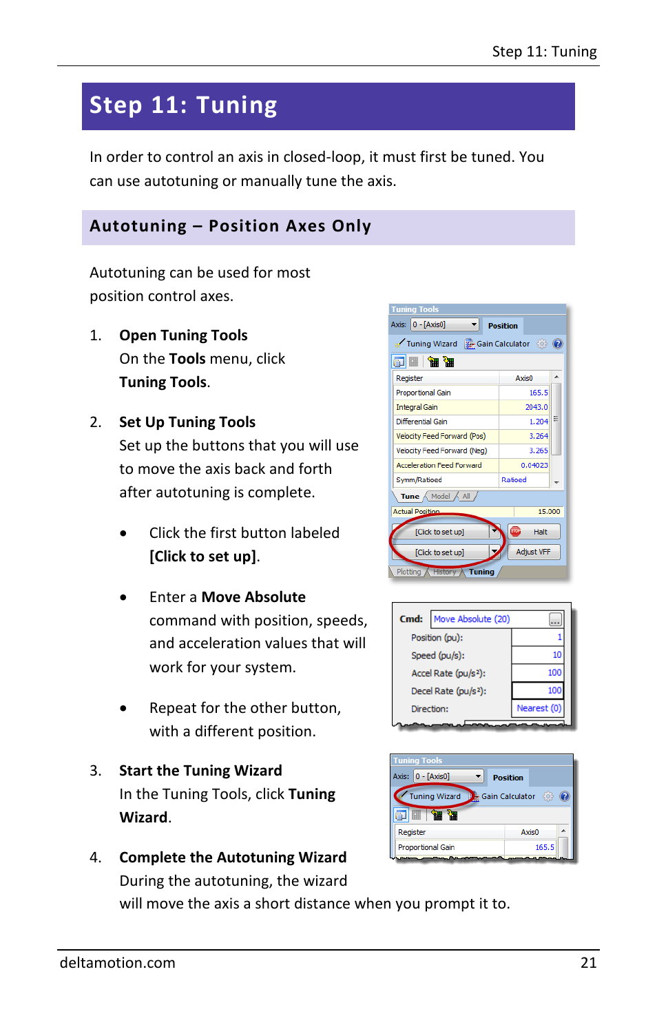 Step 11: tuning, Autotuning – position axes only | Delta RMC151 User Manual | Page 23 / 44