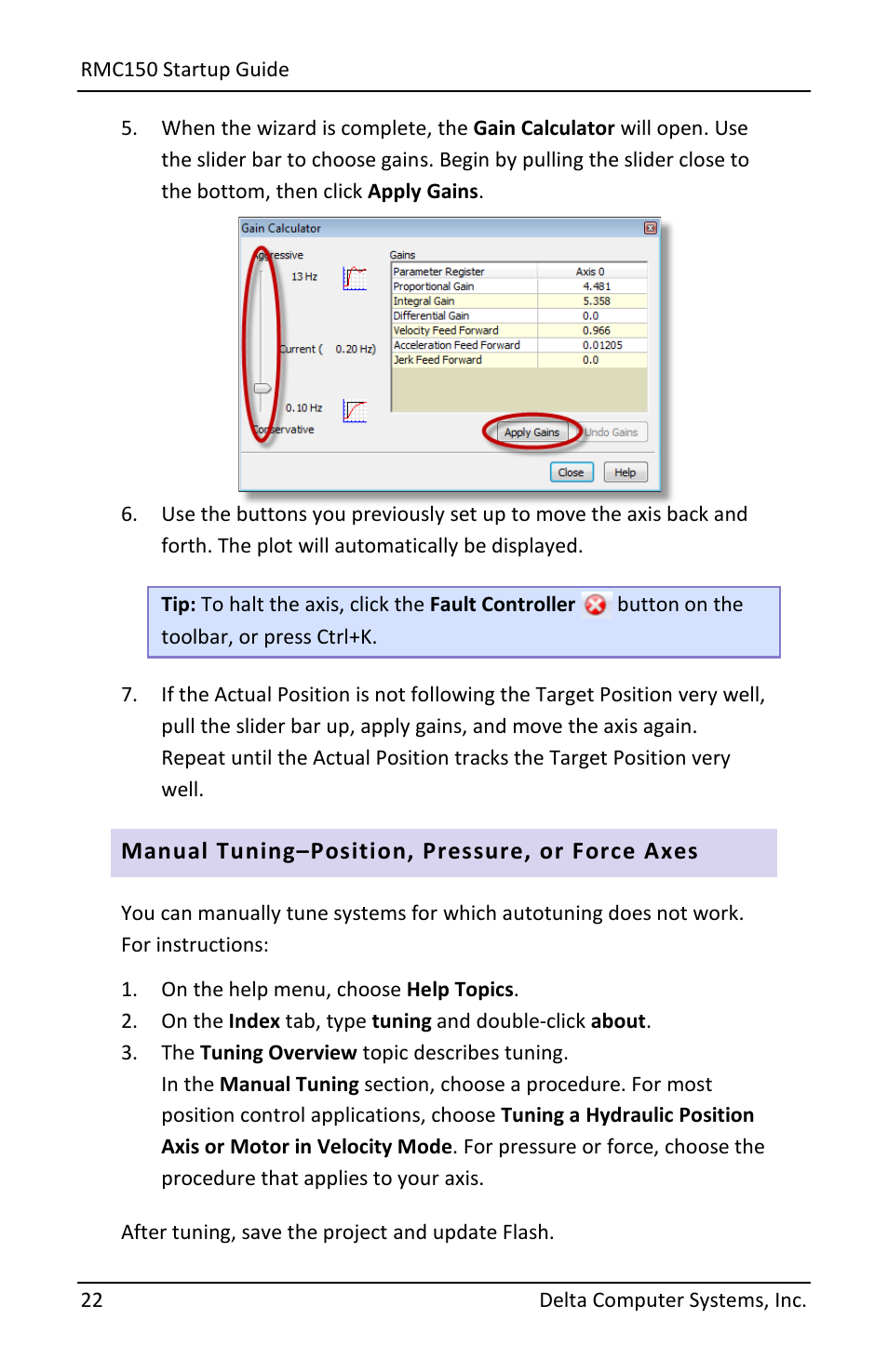 Manual tuning–position, pressure, or force axes | Delta RMC151 User Manual | Page 24 / 44