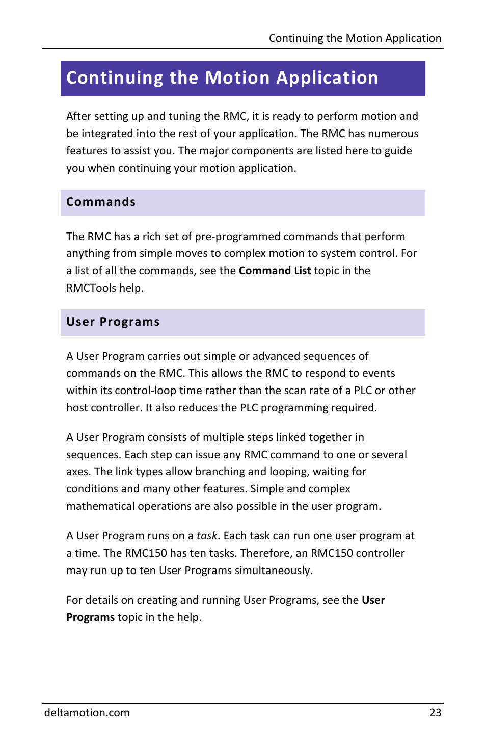 Continuing the motion application, Commands, User programs | Delta RMC151 User Manual | Page 25 / 44