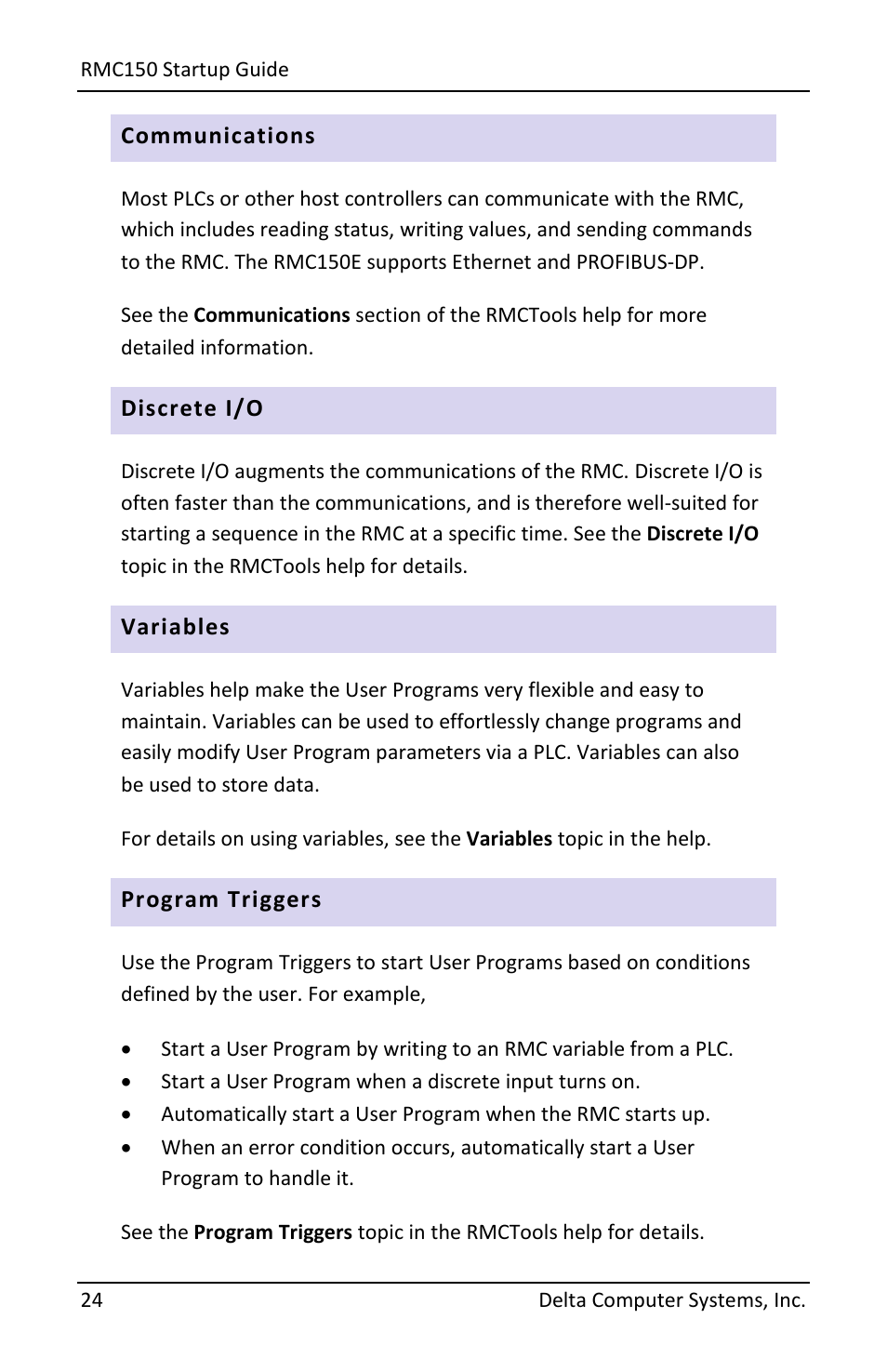 Communications, Discrete i/o, Variables | Program triggers | Delta RMC151 User Manual | Page 26 / 44