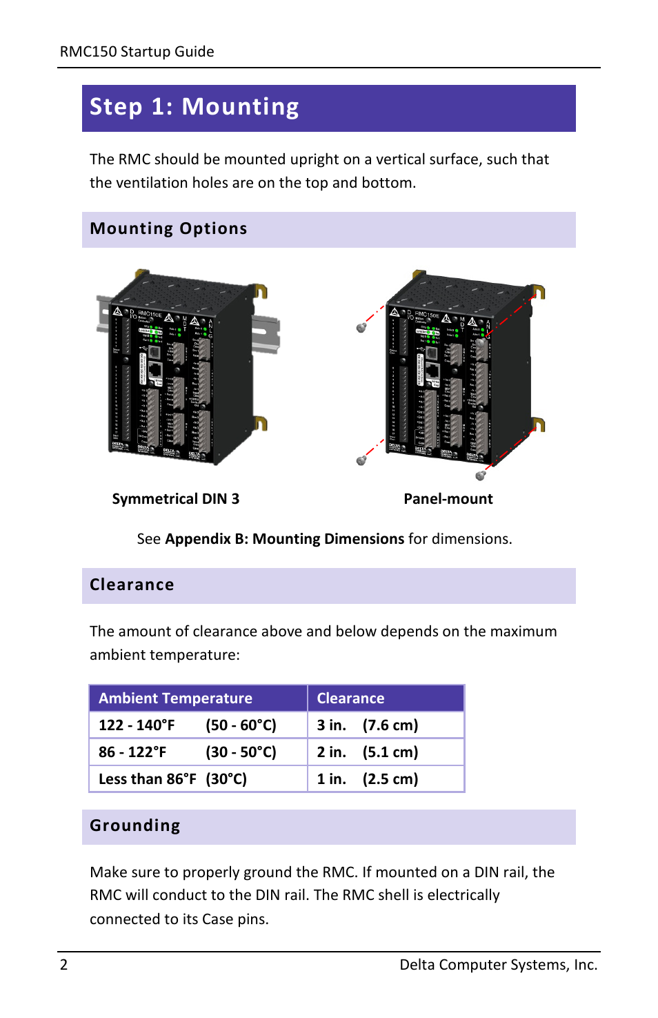 Step 1: mounting, Mounting options, Clearance | Grounding | Delta RMC151 User Manual | Page 4 / 44