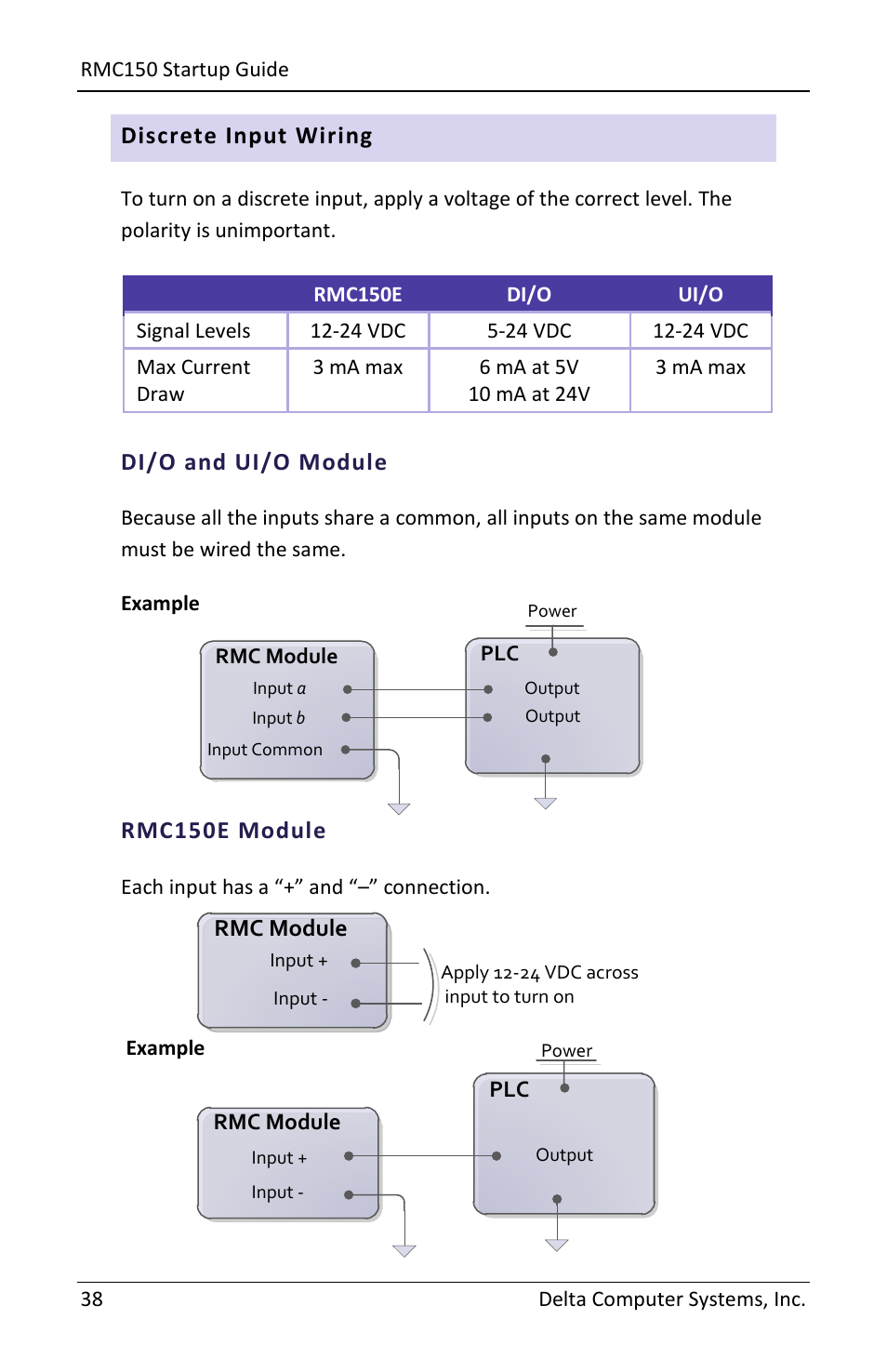 Discrete input wiring, Di/o and ui/o module, Rmc150e module | Delta RMC151 User Manual | Page 40 / 44