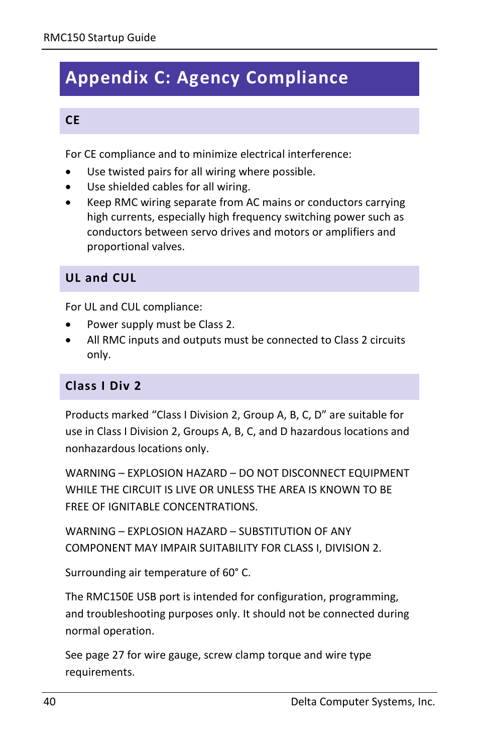 Appendix c: agency compliance, Ul and cul, Class i div 2 | Delta RMC151 User Manual | Page 42 / 44