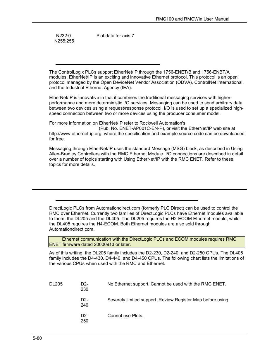 Using ethernet/ip with the controllogix, 2 automationdirect.com's dl205/305, Using automationdirect.com plcs with the rmc enet | Using ethernet/ip with the controllogix -80, Automationdirect.com's dl205/305 -80 | Delta RMC101 User Manual | Page 330 / 951
