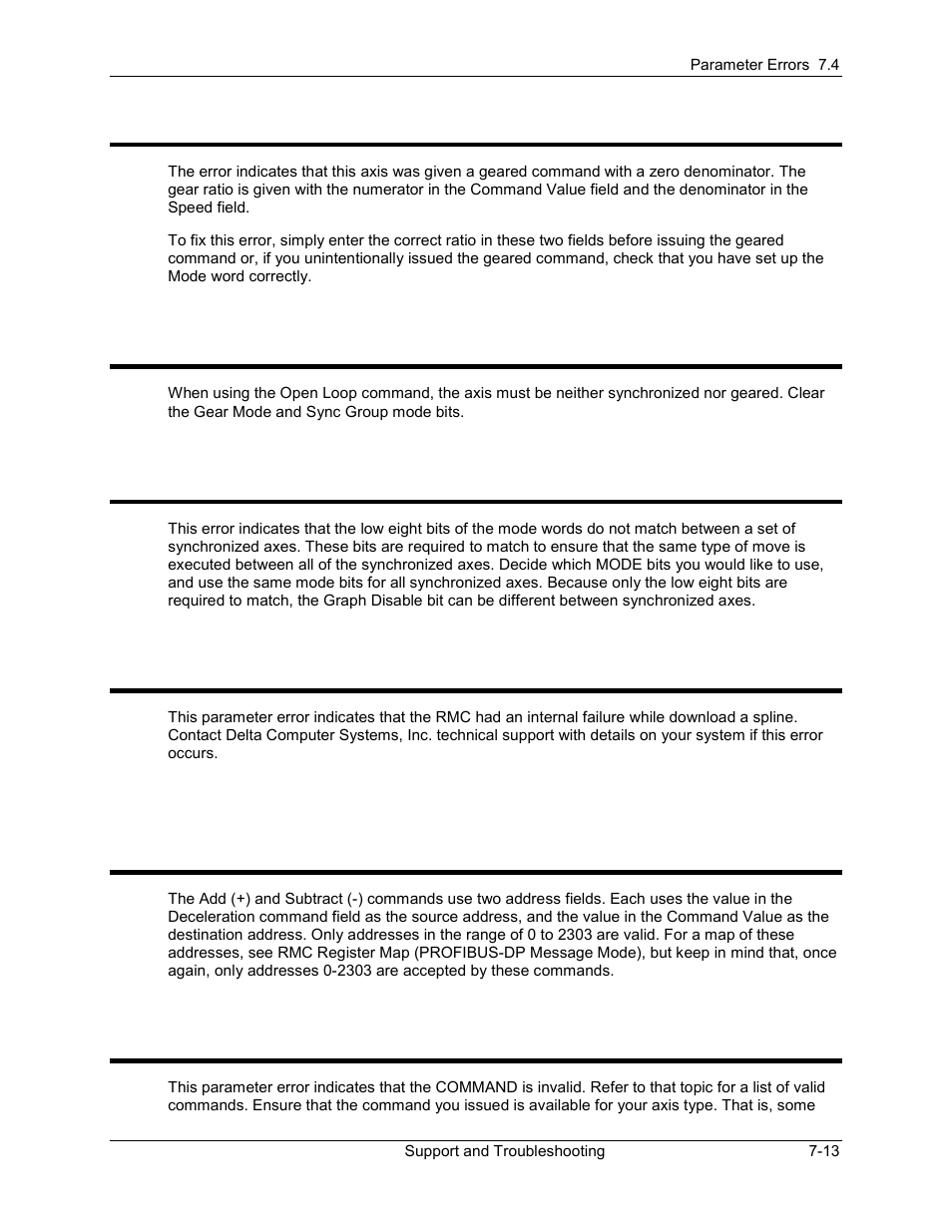 Gear ratio denominator is zero, Gearing and synchronization illegal in open loop, Incompatible sync mode words | Invalid command received, 27 gear ratio denominator is zero, 29 incompatible sync mode words, 32 invalid command received | Delta RMC101 User Manual | Page 637 / 951