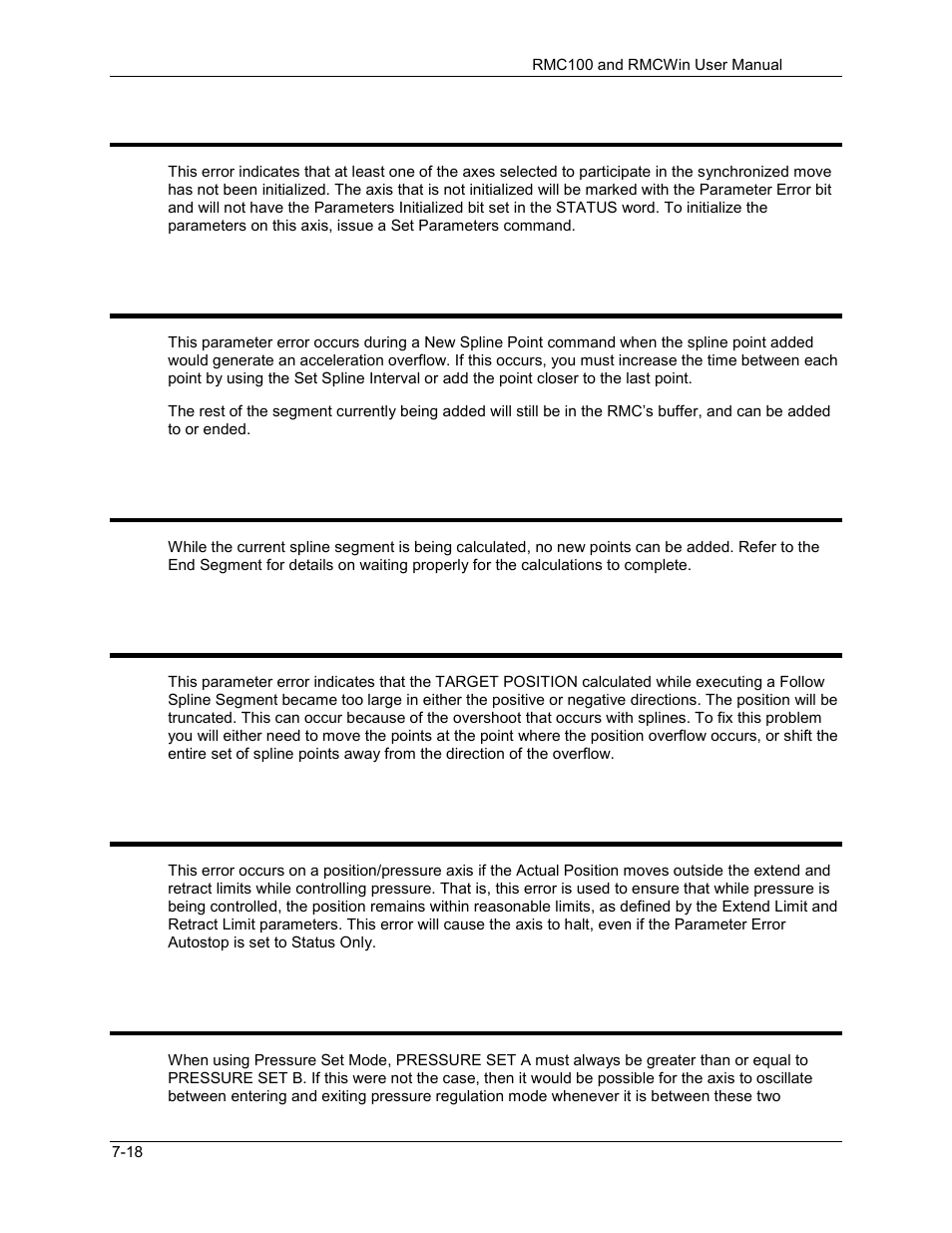 One or more synced axes are uninitialized, Overflow while adding point. point not added, Point cannot be added during calculations | Position overflow while interpolating spline, Pressure control went outside position limits, Pressure set a cannot be less than pressure set b, 47 one or more synced axes are uninitialized, 48 overflow while adding point. point not added, 49 point cannot be added during calculations, 50 position overflow while interpolating spline | Delta RMC101 User Manual | Page 642 / 951