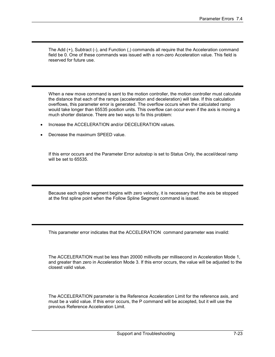 The accel field must be zero in the command issued, The acceleration or deceleration ramp is too slow, The axis must be stopped before following a spline | The command acceleration is invalid, The command acceleration is invalid -23, 73 the command acceleration is invalid | Delta RMC101 User Manual | Page 647 / 951
