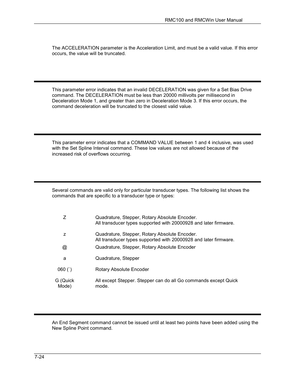 The command deceleration is invalid, The spline interval cannot be set below 5, Invalid command for this transducer type | 74 the command deceleration is invalid, 75 the spline interval cannot be set below 5, 76 invalid command for this transducer type | Delta RMC101 User Manual | Page 648 / 951