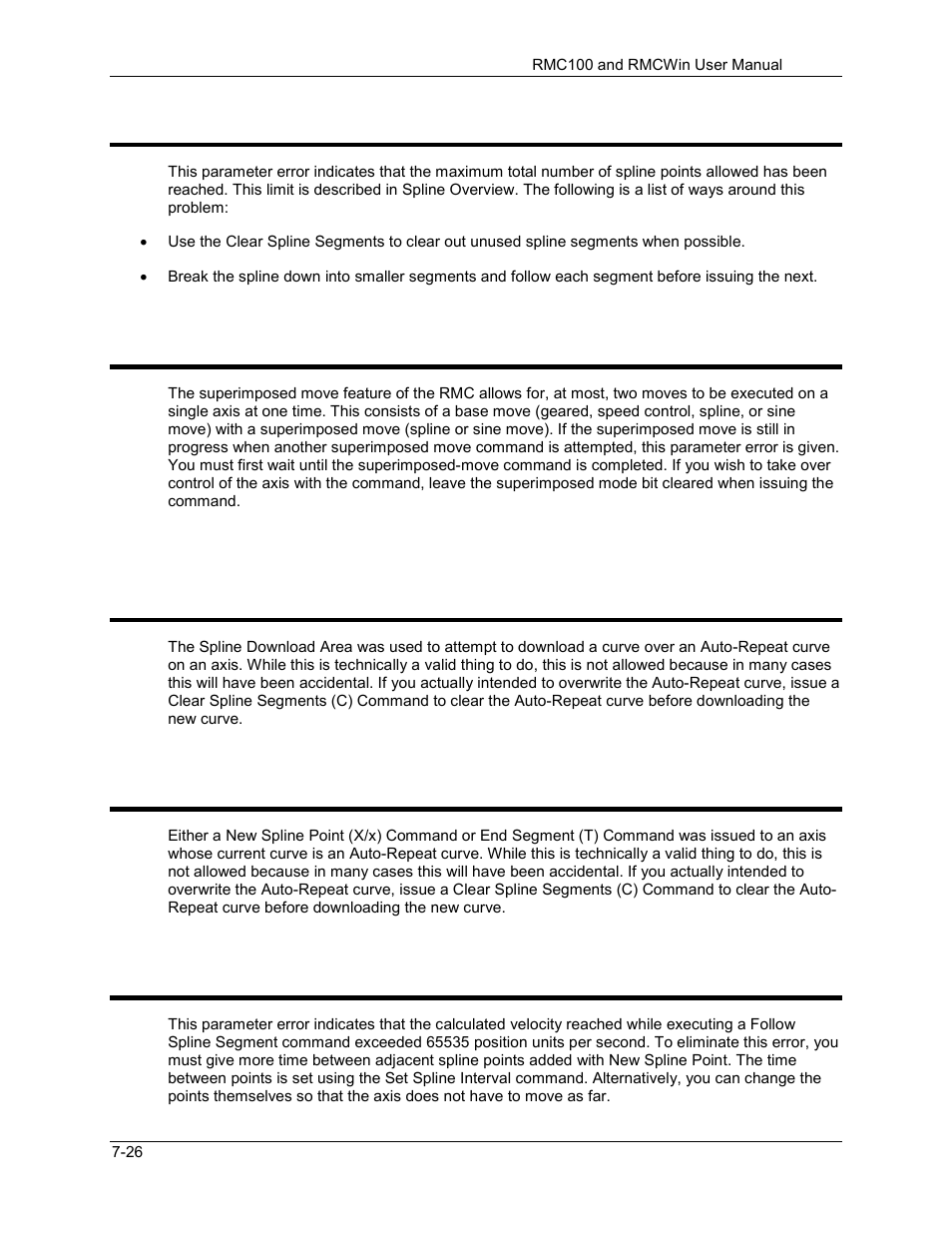 Too many spline points. point not added, Too many superimposed moves attempted, Unable to download curve over an auto-repeat curve | Velocity overflow while interpolating spline, 80 too many spline points. point not added, 81 too many superimposed moves attempted, 84 velocity overflow while interpolating spline | Delta RMC101 User Manual | Page 650 / 951