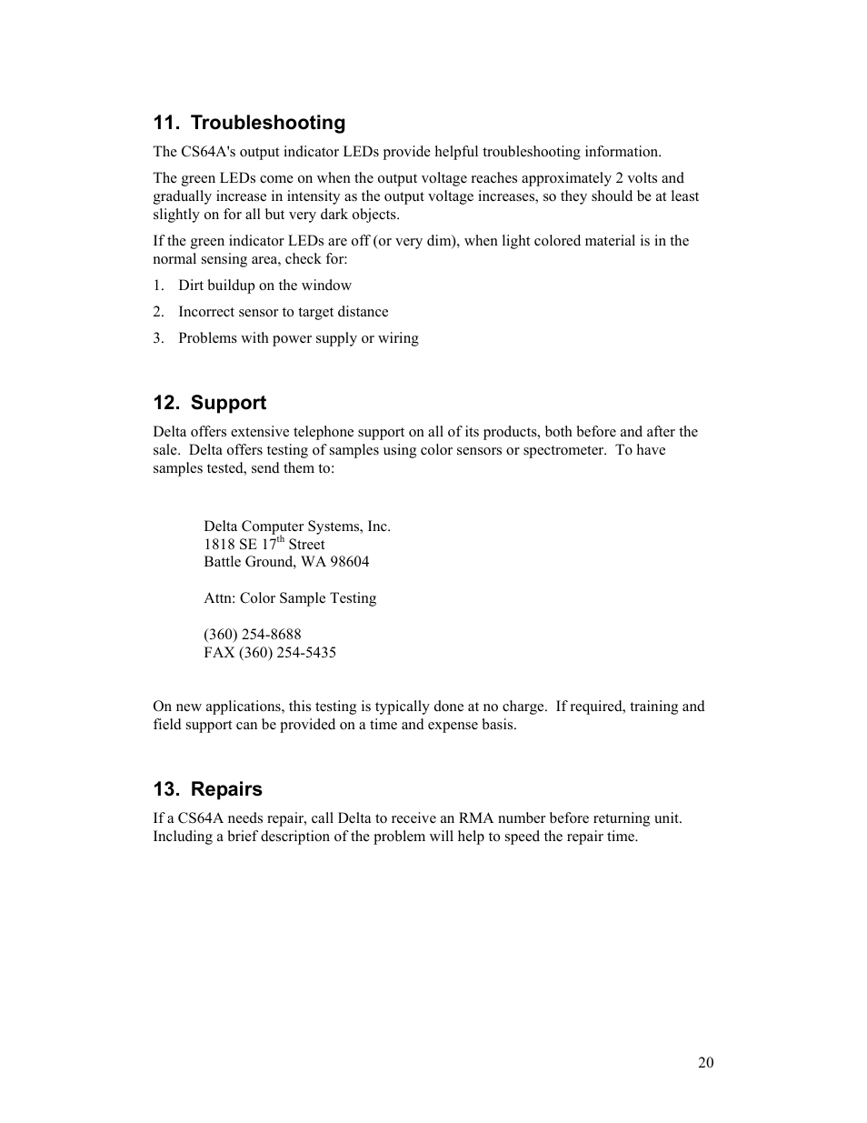 Troubleshooting, Support, Repairs | Delta CS64A User Manual | Page 20 / 22